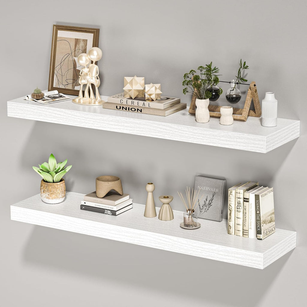 Floating Shelves for Wall, 36" W x 8" D x 1.5" H, Wooden Wall Mounted Display Shelves with Invisible Brackets for Living Room, Bedroom, Bathroom, Kitchen Decor and Storage, Set of 2, White