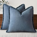 MIULEE Linen Fringe Decorative Euro Throw Pillow Covers Blue Ashes 28x28 | Set by MIULEE