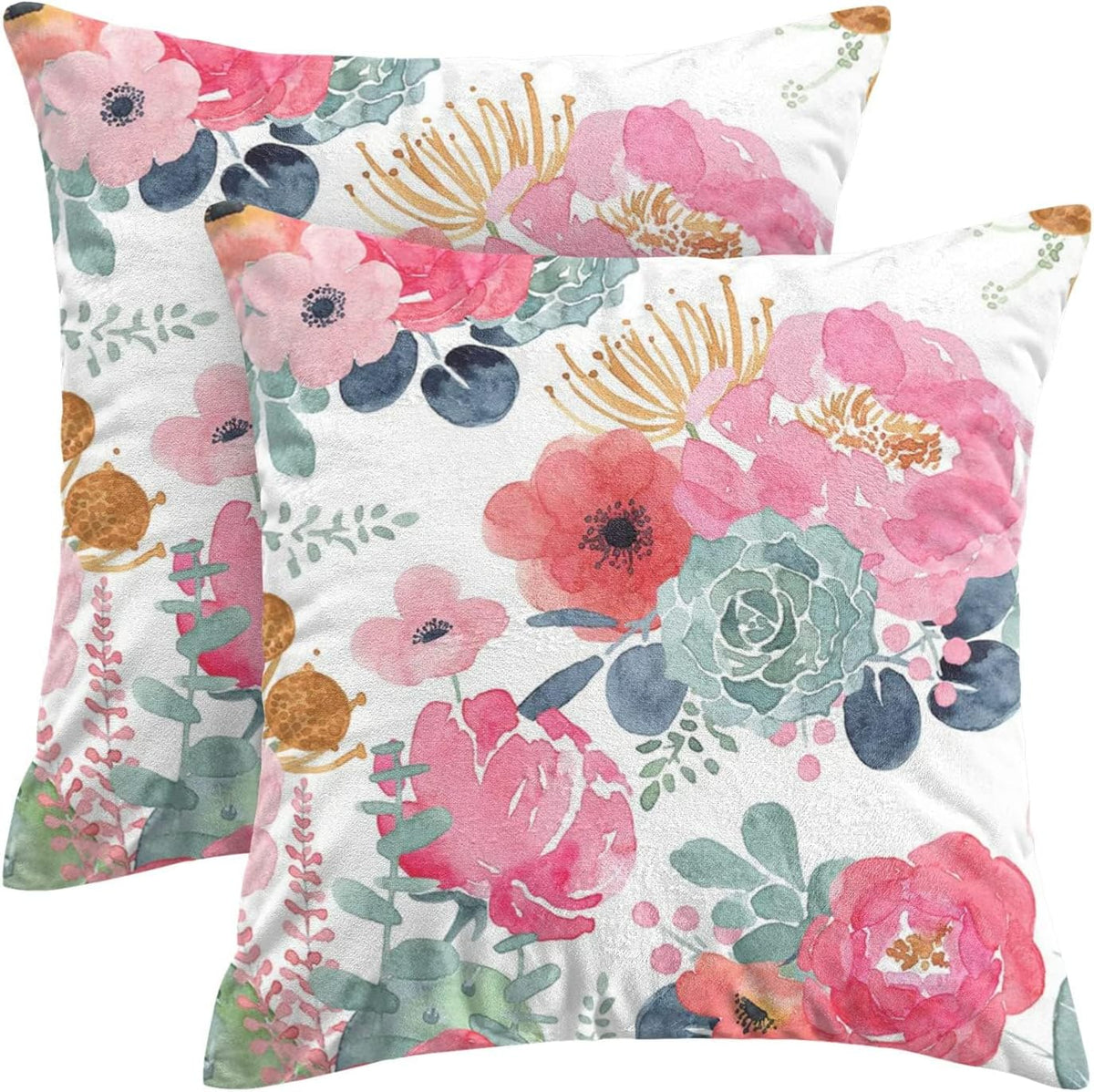 CXMEIFLY Spring Floral Pillow Covers 22 x 22 Inch Set of 2 for Watercolor Pink Flowers Decor Throw Pillows Green Leaves Plant Outdoor Decorative Cushion Cases with Zipper for Couch Bed Decorations