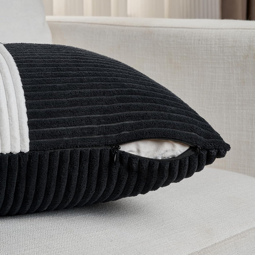 Fancy Homi Set of 2 Black White Samll Decorative Throw Pillow Covers 18x18 Inch with for Couch Bed Sofa Living Room, Soft Cross Patchwork Striped Corduroy Modern Square Cushion Case 45x45 cm