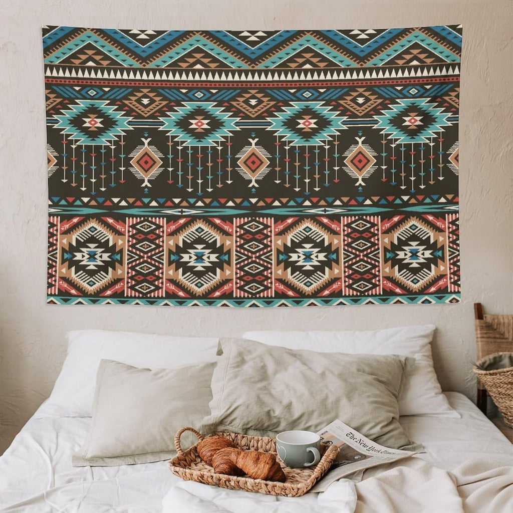HZOHNAGO Aztec Tapestry Turquoise Blue and Brown and Native American Tribal Pattern Printed Wall Tapestry Wall Hanging for Bedroom Living Room Dorm 90" W x 60" H