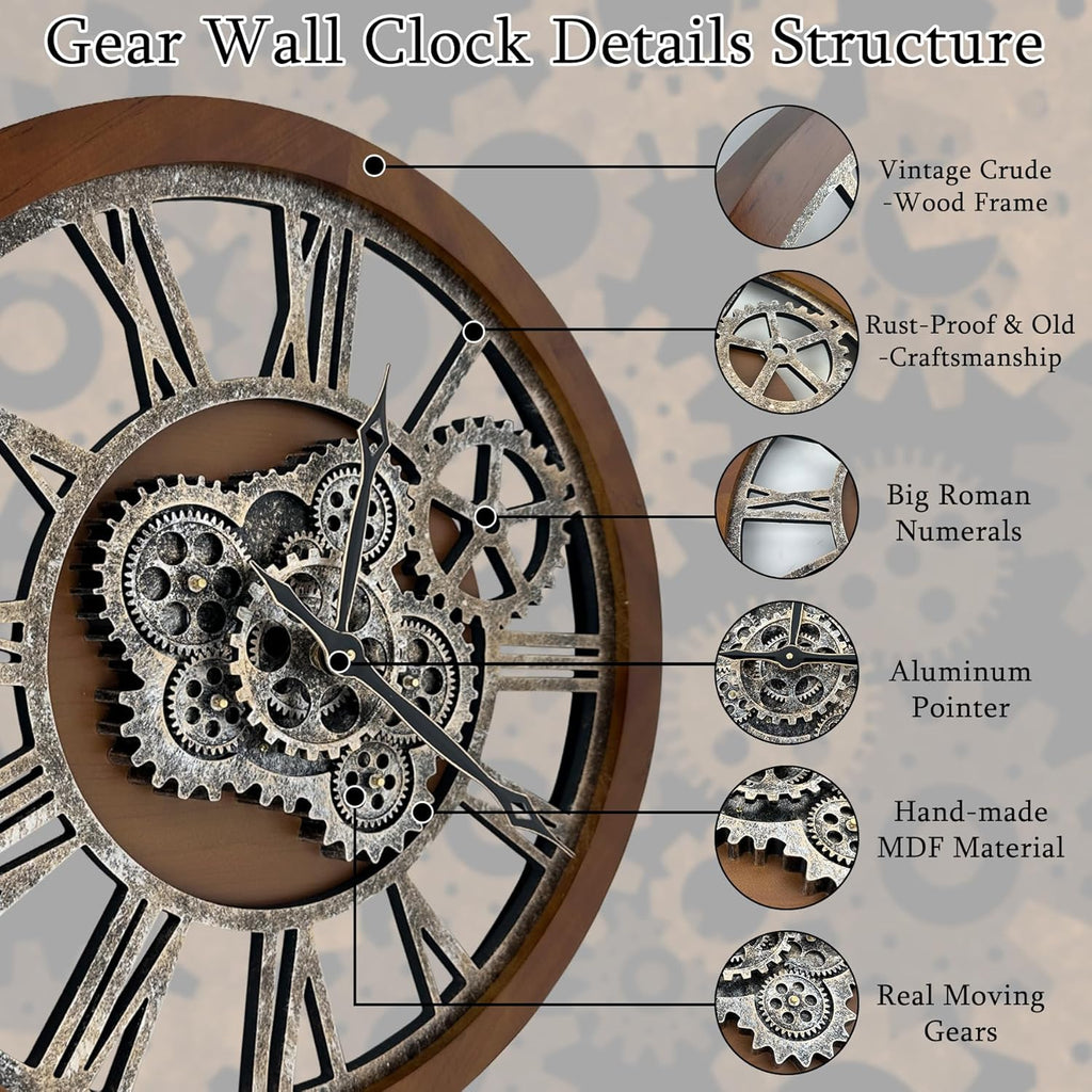 HOIBAI Large Wall Clock, Wall Clocks for Living Room Decor 36 Inch Farmhouse Vintage Rustic Kitchen Wall Decor Vintage Roman Oversized Wall Clock for Home Bedroom House Office, Moving Gears Clock