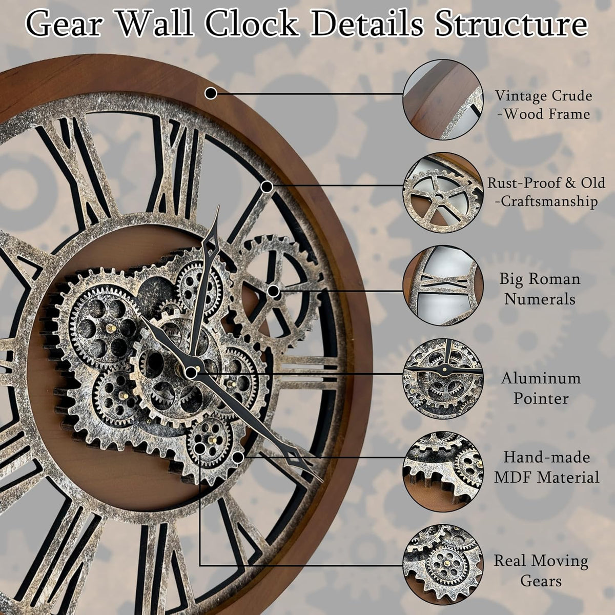 HOIBAI Clocks for Living Room Decor, Large Wall Clock 24 in (60cm) Clocks Wall Decor, Moving Gear Wall Clock, Farmhouse Vintage Industrial Oversized