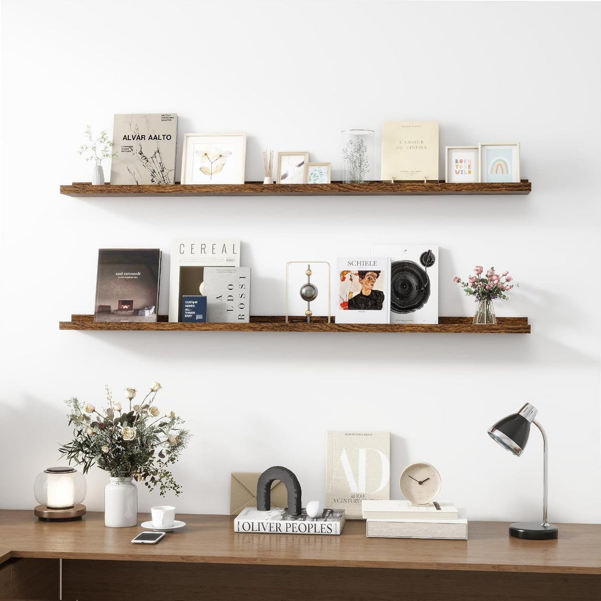 Picture Ledge Shelf, Wood Long Floating Shelves for Wall, Set of 2, 56 inch Picture Ledge Shelves, Photo Ledge Nursery Book Shelves Wall Mounted for Living Room Kids' Room Bedroom, Color Brown