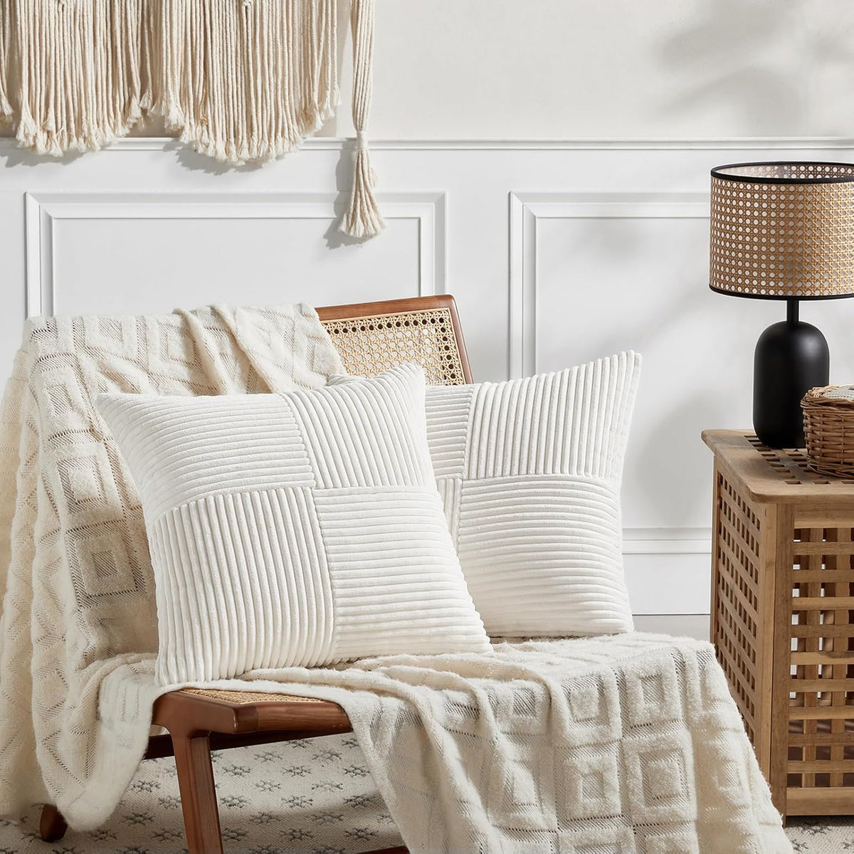 Fancy Homi 2 Packs Cream White Euro Decorative Throw Pillow Covers 28x28 Inch for Couch Bed Sofa, Farmhouse Boho Home Decor, Soft Corss Corduroy Patchwork Textured Square Cushion Case 71x71 cm