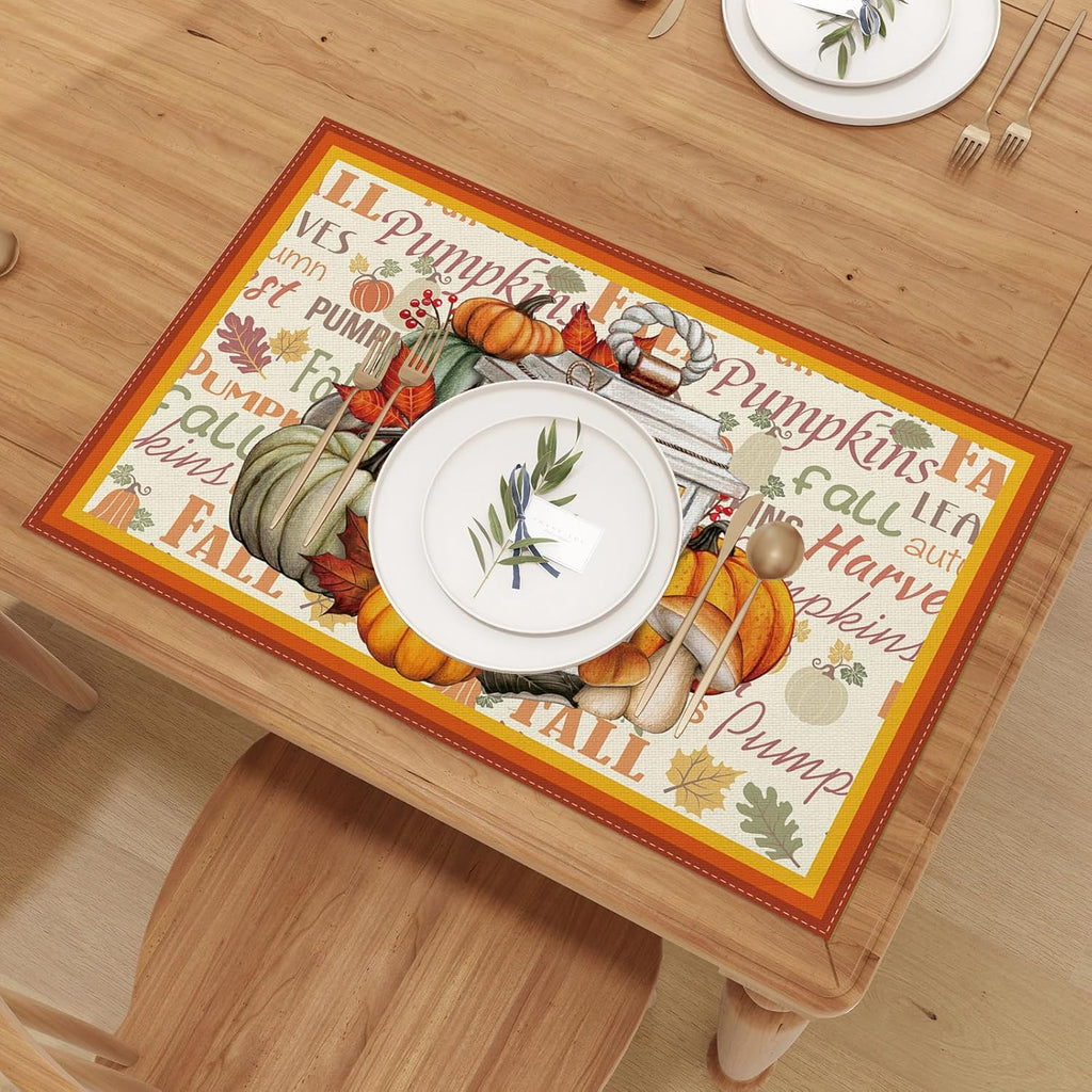 Linen Fall Placemats Set of 4 - Farmhouse Table Mats for Home Decor - Autumn Thanksgiving Kitchen Dining Room Table Decorations