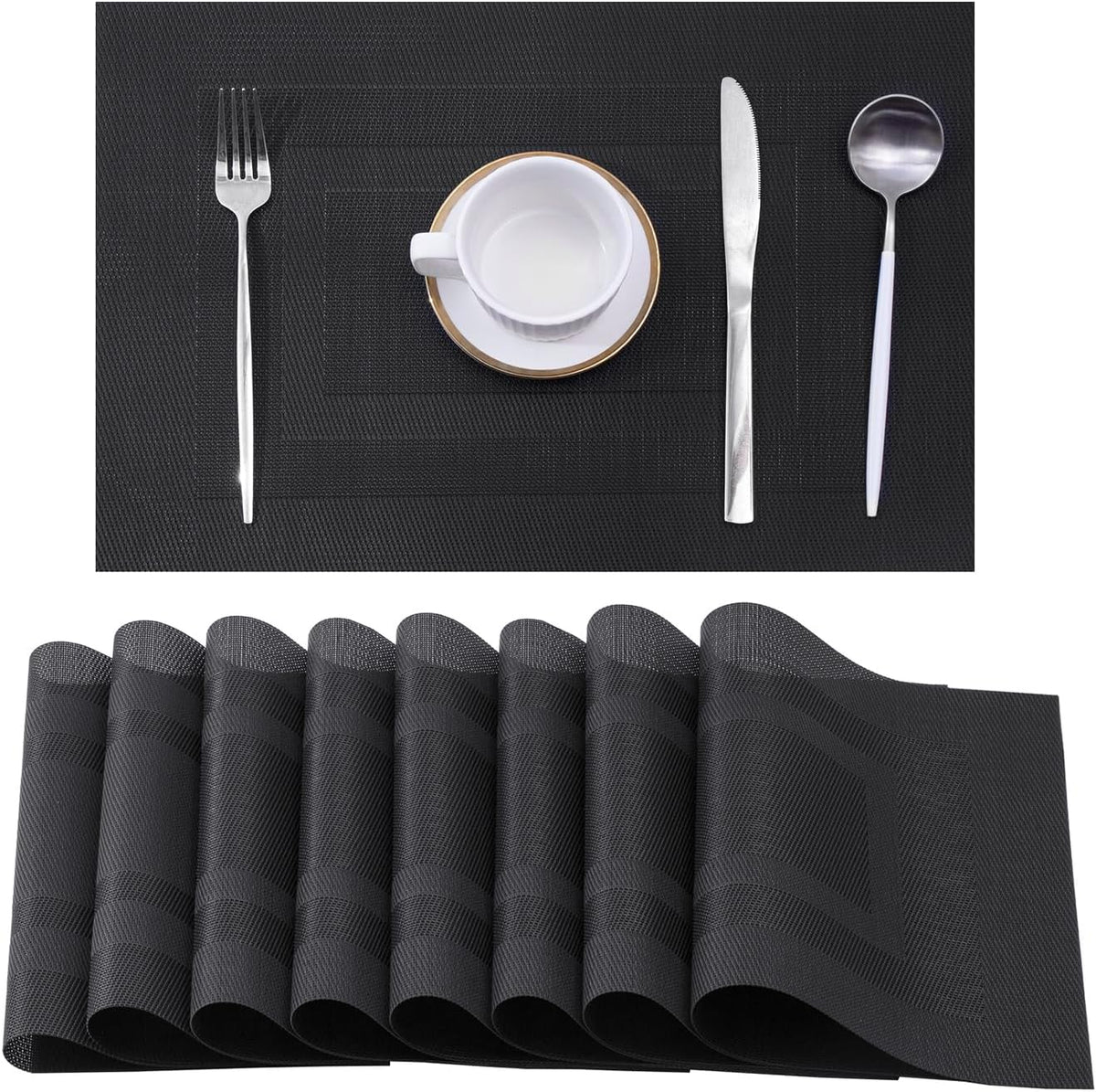 Leetaltree Black Frame Placemats Set of 8 - Heat Resistant Non-Slip Place mats for Dining Table, Washable Durable PVC Vinyl Woven Table Mats（Black Frame, 8）
