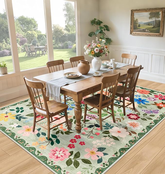 PLHXFR Area Rug Living Room: 4x6 Floral Washable Boho Soft Carpet Green | - Image 4