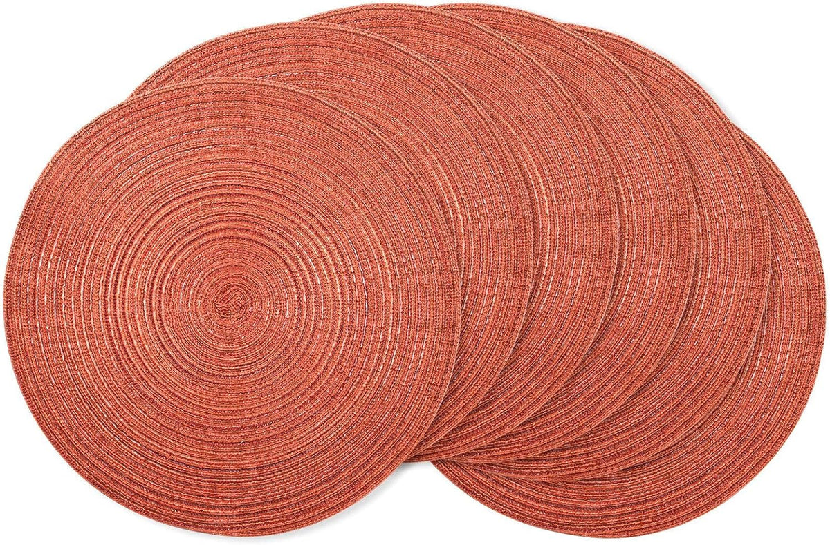 AHHFSMEI Round Braided Placemats Set of 6 Round Table Mats for Dining Tables Natural Woven Heat Resistant Place mats 15 Inch (Dark Orange)