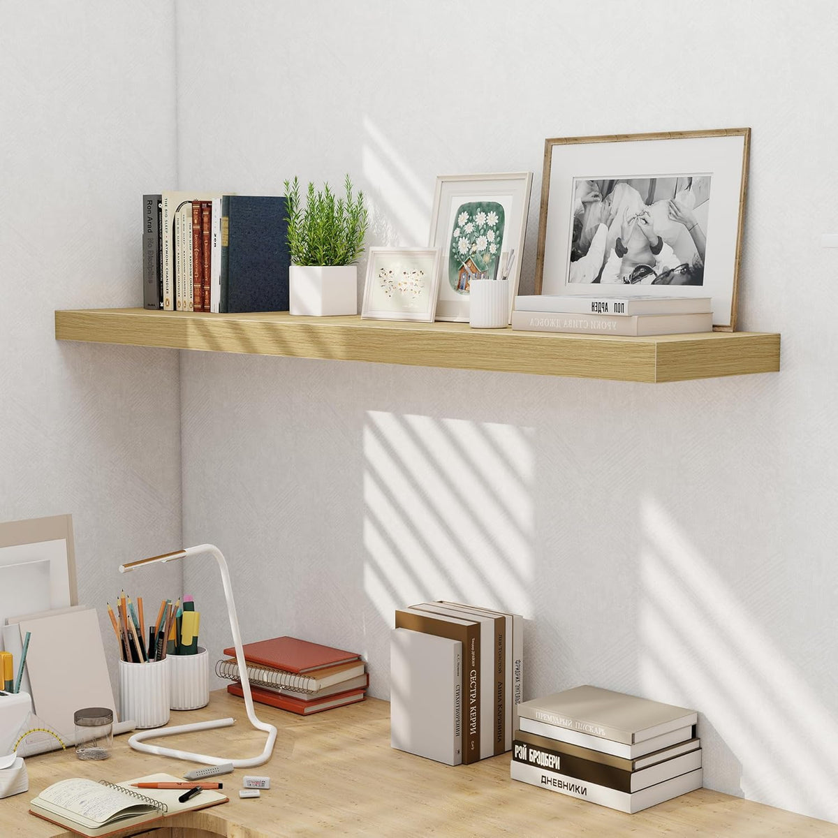 Fun Memories 55 Inch Fireplace Mentel Shelf, 10 Inch Deep Shelves for Display & Wall Storage, Rustic Wood Wall Shelf, Extra Long Floating Shelves for Living Room Laundry Room, Oak, Set of 1