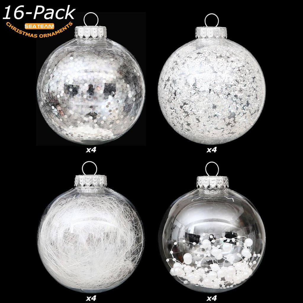 Sea Team Shatterproof Clear Plastic Christmas Ball Ornaments Decorative Xmas Balls Baubles Set with Stuffed Delicate Decorations (100mm/3.94''/16-Pack, White)