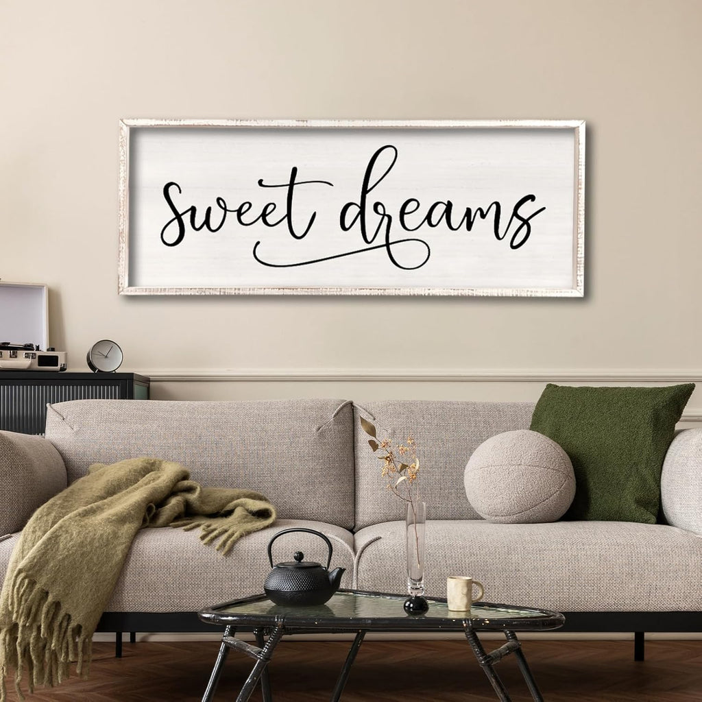 comurdyo Sweet Dreams Wall Decor Above Bed Sign 32" x 12" Master Bedroom Wooden Antique Framed Large Rustic Farmhouse Guest Room Beautiful Simple Hanging Plaque Over Bed Wall Art (White)