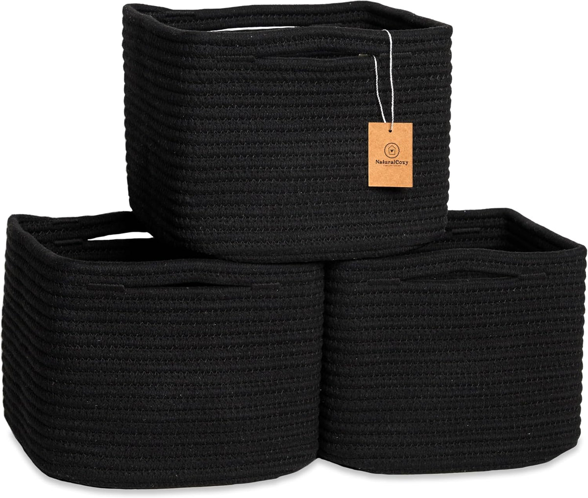 NaturalCozy Storage Cubes 9”x9”x7”Cotton Rope Woven Baskets for Organizing 3-Pack | 9 Inch Cube Storage Bin | Small Basket for Shelf Nursery, Pantry, Decorative Plant, Bathroom Closet, Toy Gift