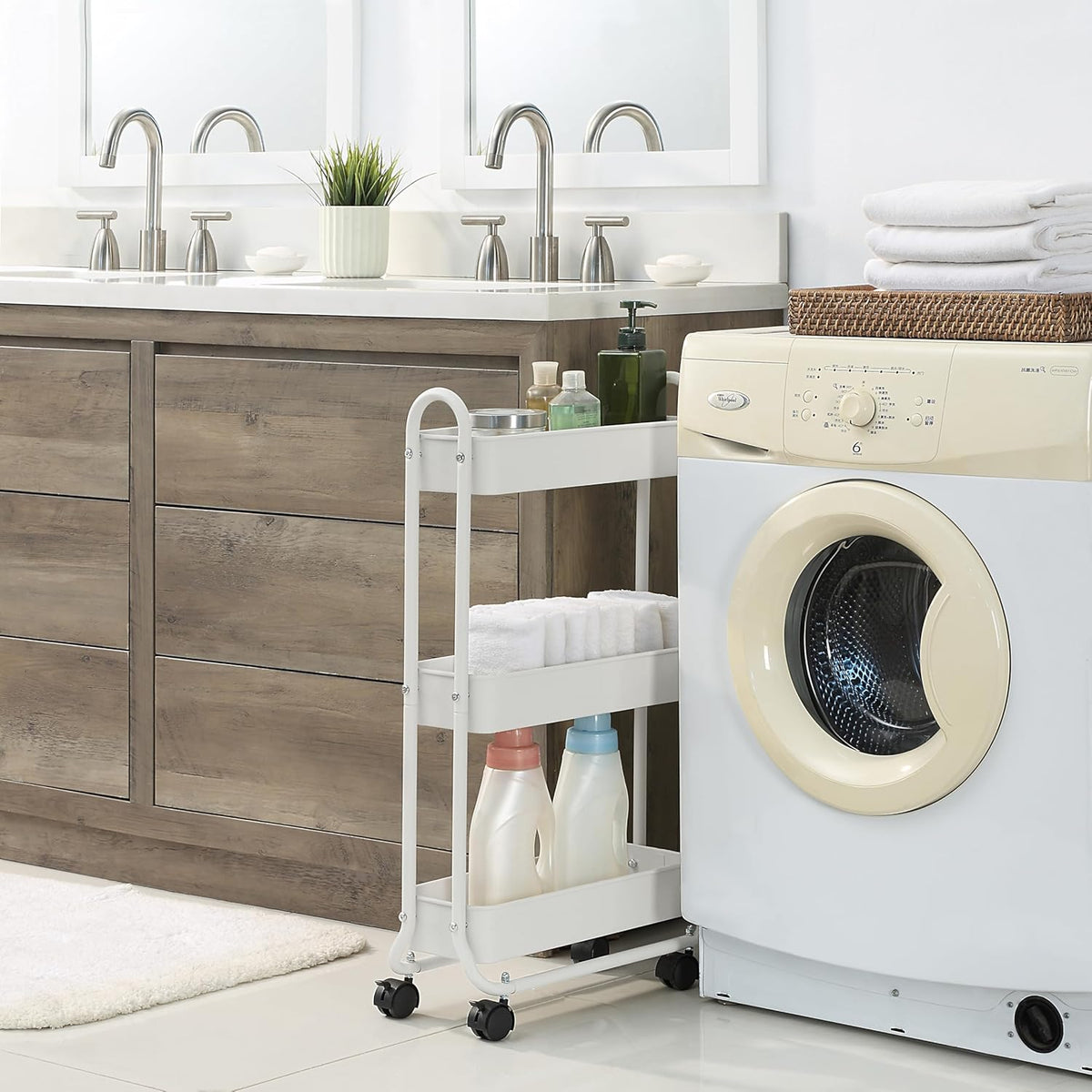 SunnyPoint Slim Rolling Storage Cart, 3 Tier Bathroom Storage Organizer Bathroom, Laundry Utility Cart (White)