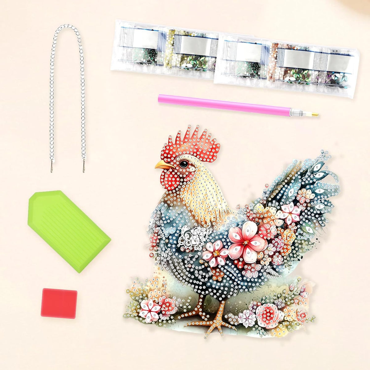 Lxmsja DIY Chicken Flowers Diamond Painting Hanging Ornament, Double-Sided Acrylic Sceney Diamond Art Kit, Special Shaped Drill Pendant Window Art Kit, Suncatcher Hanging Craft Decoration 8x7 inch