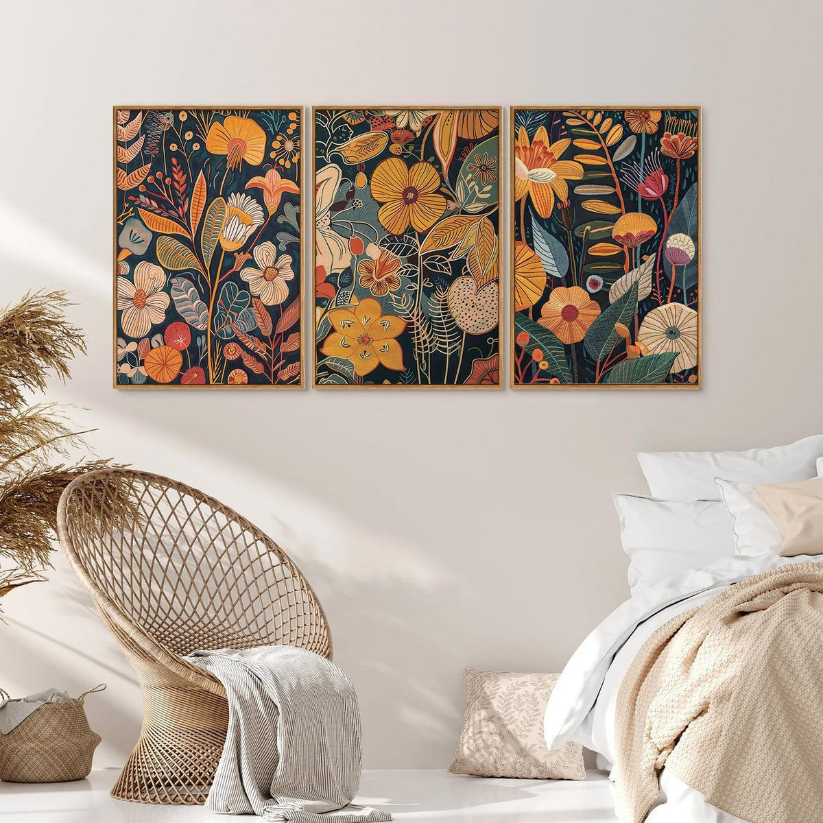 SIGNINART Orange Floral Framed Canvas Wall Art Set of 3, Mid Century Modern Flower Wall Decor, Neutral Plant Artwork, Boho Botanical Art Prints for Bedroom Living Room Office 16"x24"x3