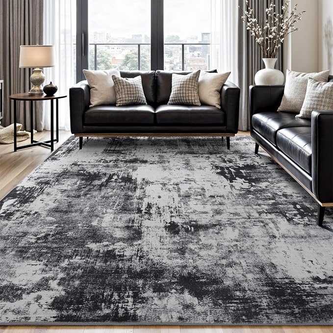 Rugflix 10x14 Area Rugs for Living Room, Washable Black Grey Dark Large Rug | by RugflixAreaRugs