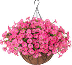 Artificial Faux Hanging Plants Flowers Basket for Outdoors Outside Spring Summer Decoration, Silk Pink Morning Glory in Planter UV Resistant Look Real Fake Flowers for Porch Patio Balcony Home Yard