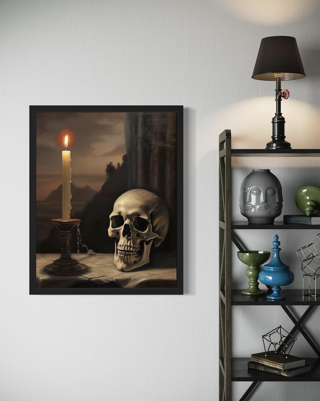 Skull and Candle Poster Art Print, Halloween Scary Vintage Wall Art Academia Spooky Painting Decoration for Horror Prints, Gothic Posters Bedroom Decor 89 (Skull and Candle, 11 x 14 inches, Black Frame)