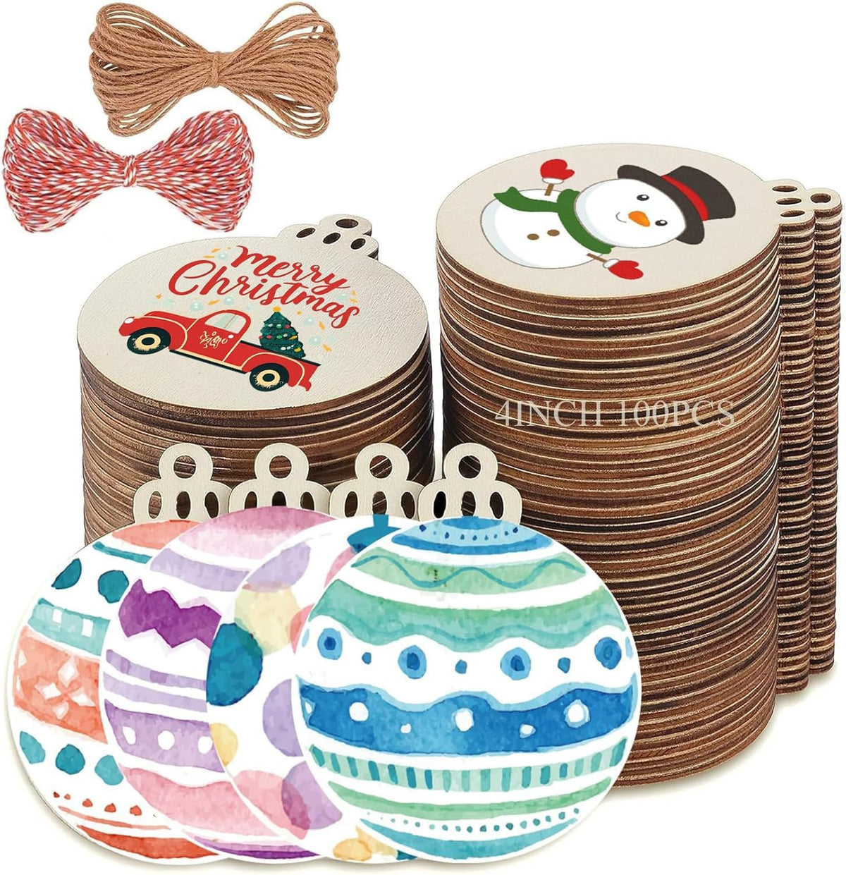 4" 100PCS Christmas Wooden Ornaments Unfinished, DIY Christmas Crafts for Kids Wood Slices DIY Crafts Supplies for Girls Adults, Christmas Ornaments Holiday Decoration