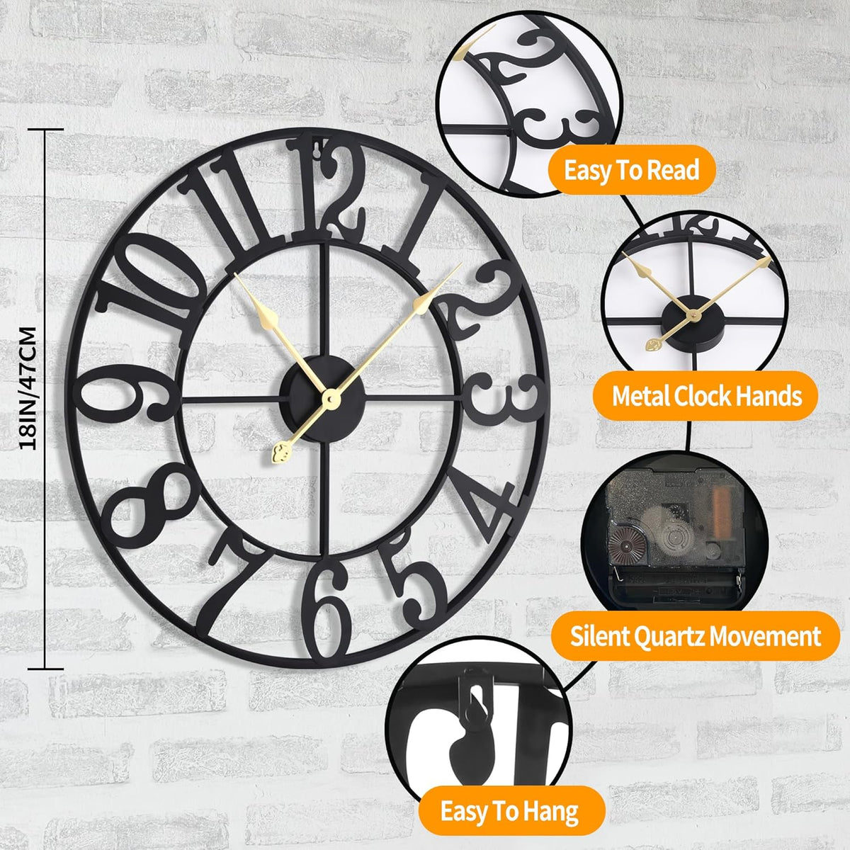 LEIKE Large Wall Clock, 18.5" Silent Non-Ticking, Battery Operated, Oversized, Decorative Retro Black Metal Clock for Living Room,Farmhouse, Dinner Room,Indoor, Outdoor(47cm, Black Arabic Number)