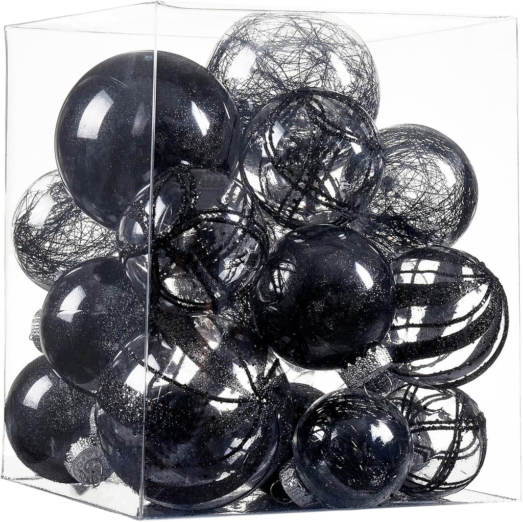 Clear Christmas Ball Ornaments,24ct Shatterproof Plastic Decorative Christmas Ornaments Hanging Xmas Tree Baubles Set with Stuffed Delicate Glittering Decorations for Holiday Party Home Decor(Black)
