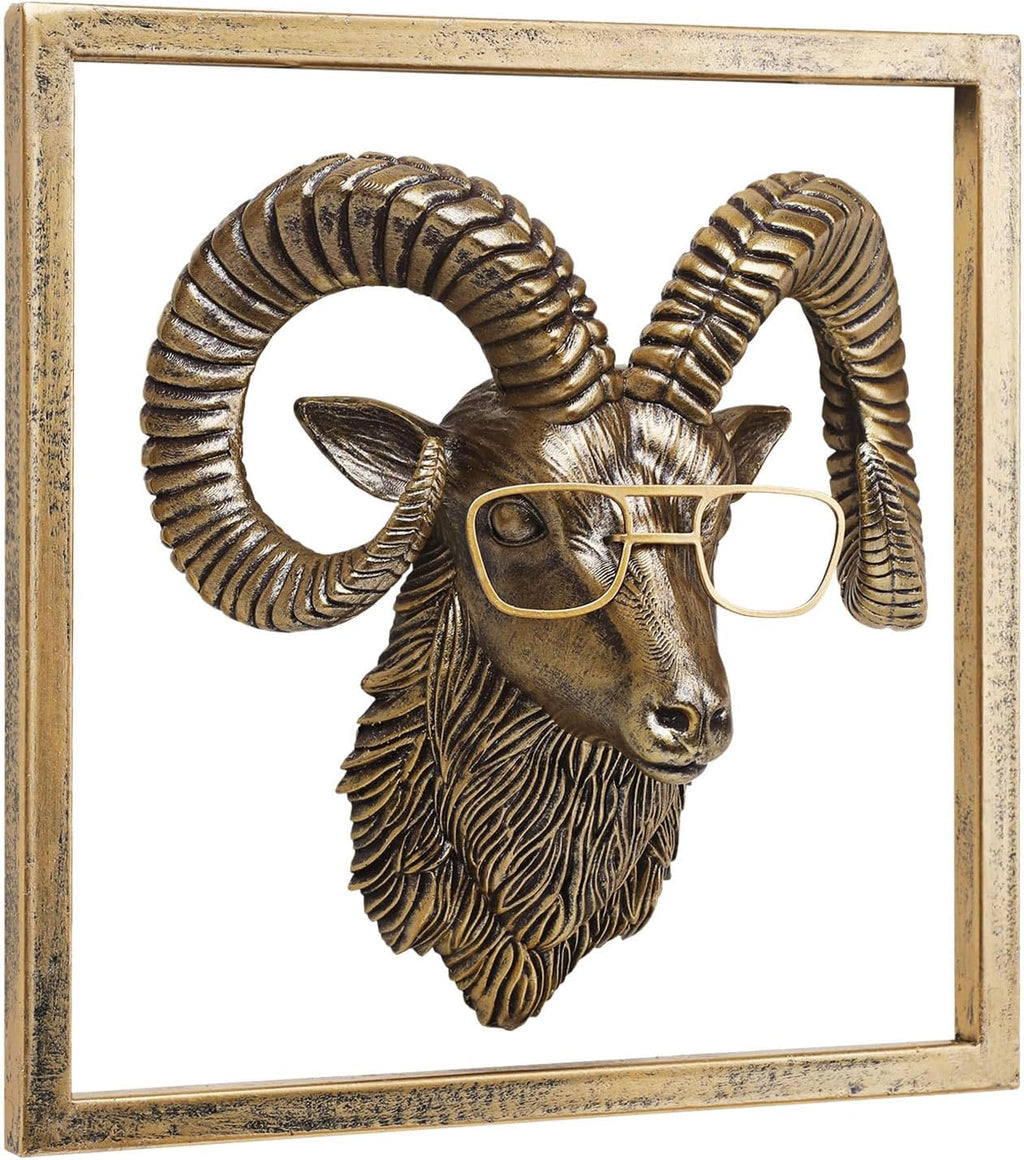 JJALIGHTS Animal Heads Wall Decor Resin Animals Sculptures Head Wall Hanging Decoration Imitation Copper vintage Wall Sculpture for Living Room Bedroom Office(Bighorn,Includes Metal Frame)