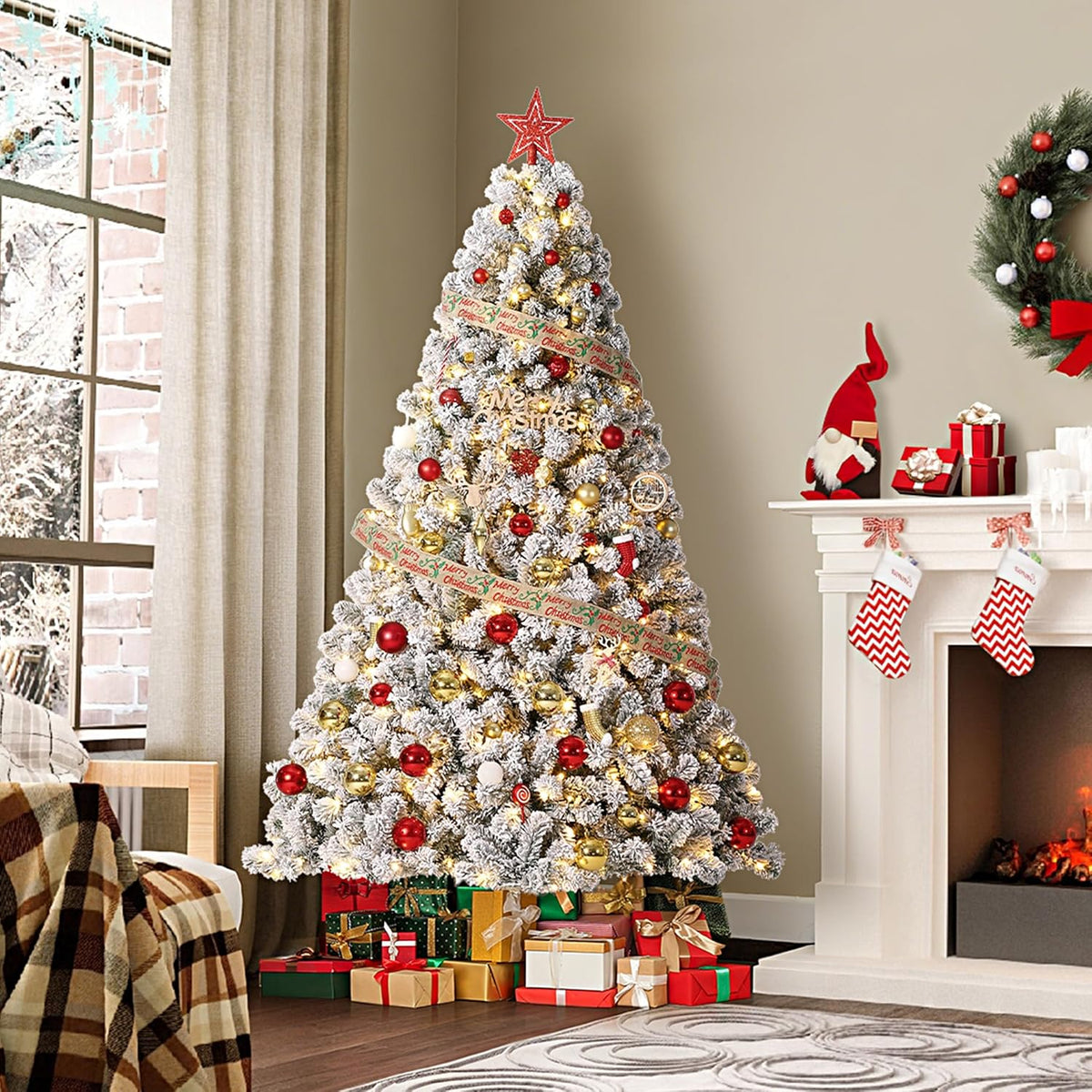 GarveeHome 7.5ft Prelit Artificial Christmas Tree with Warm White Lights, Snow Flocked Full Xmas Tree with 1050 Branch Tips, 450 LED Lights & Foldable Stand, Green & White Christmas Decorations