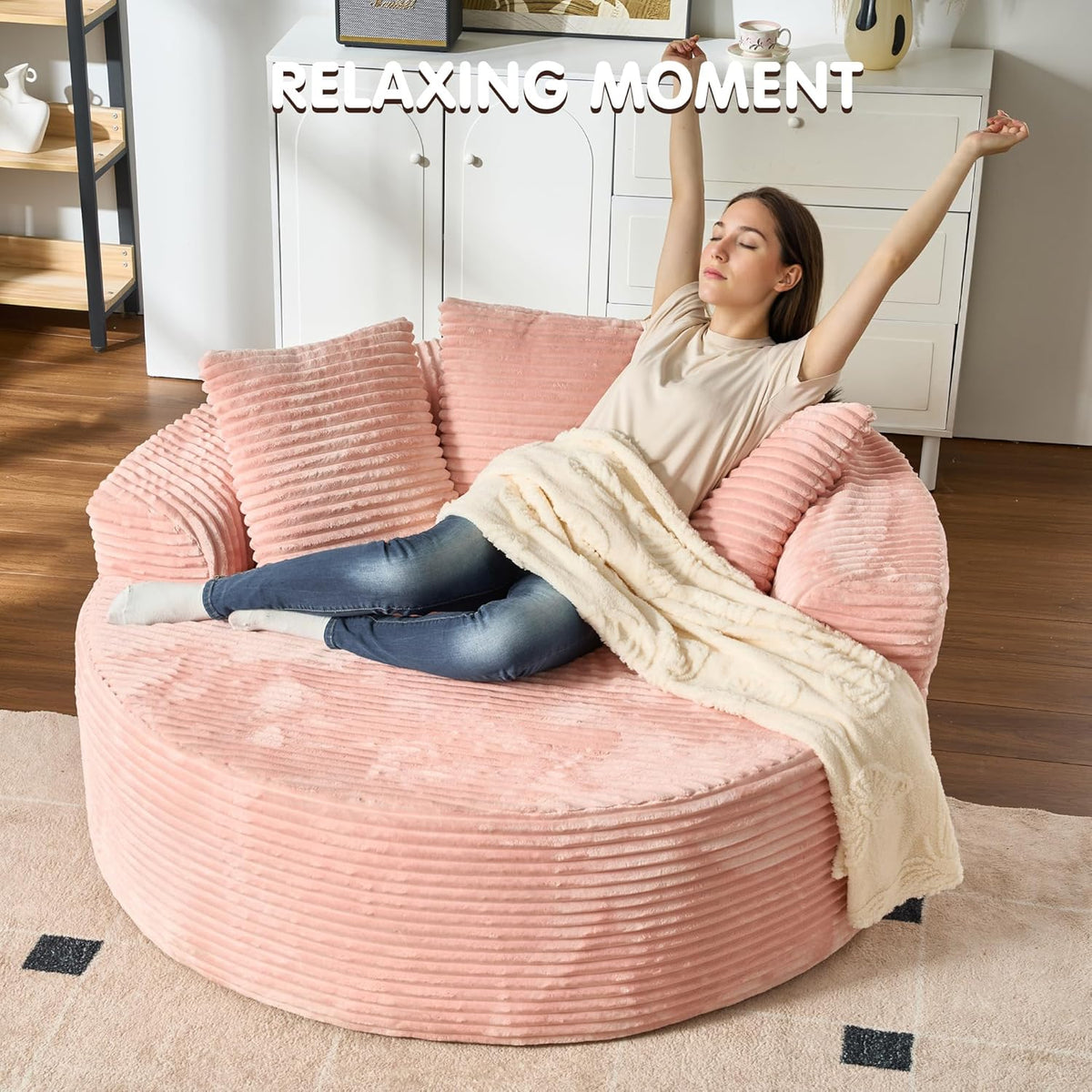 ovios 58" Oversized Round Chair Lounge Chaise Indoor, No Assembly Required, Cloud Large Circle Chair with Plush Fuax Fur, Fluffy Modern Sleeper Sofa Bed for Reading Yoga, Pink (Plush Corduroy Fabric)