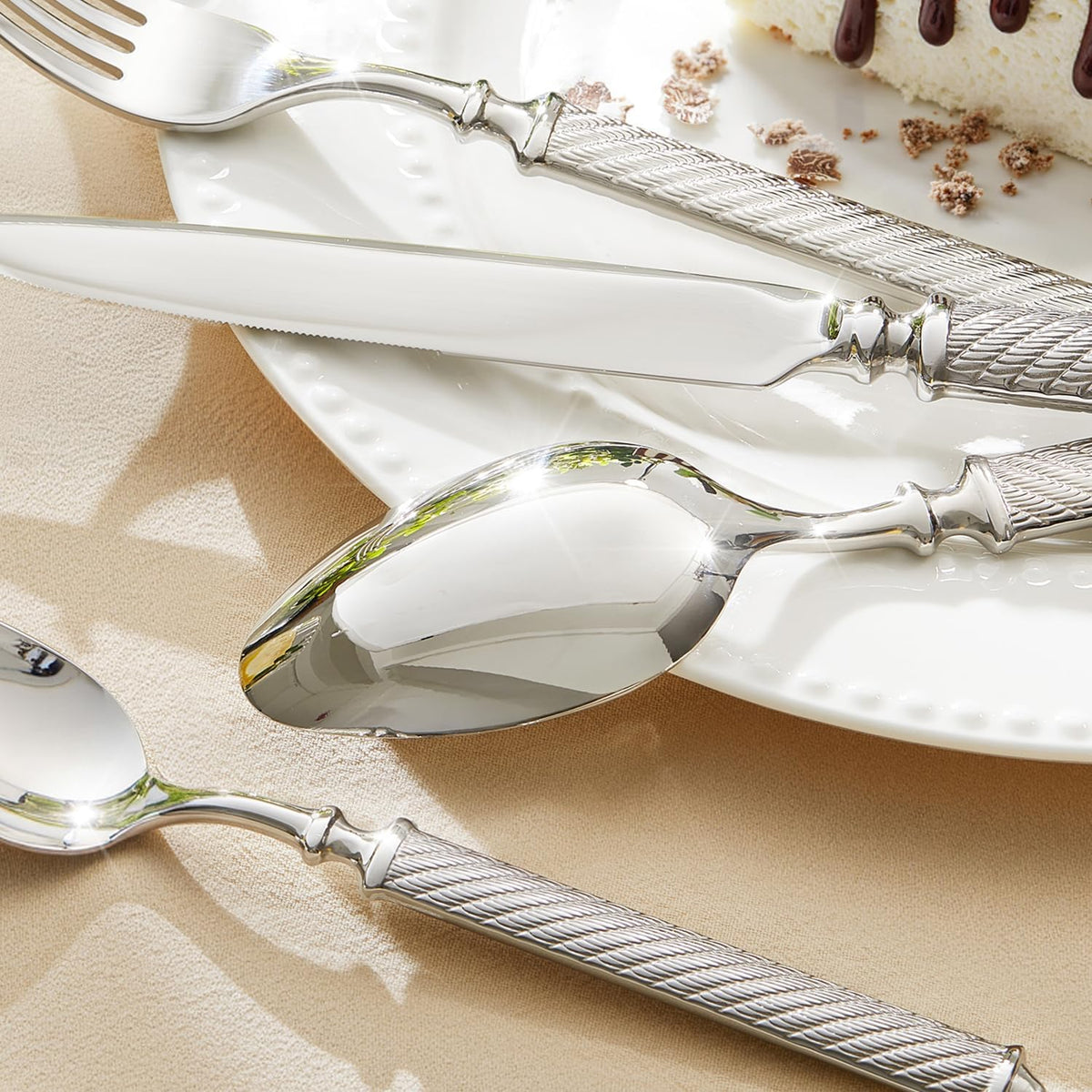 KINGSTONE Retro Rope-Pattern Silverware Set, 5-Piece Flatware Set Cutlery Set Forged with Handcrafted Texture Handles 18/10 Stainless Steel, Dishwasher Safe