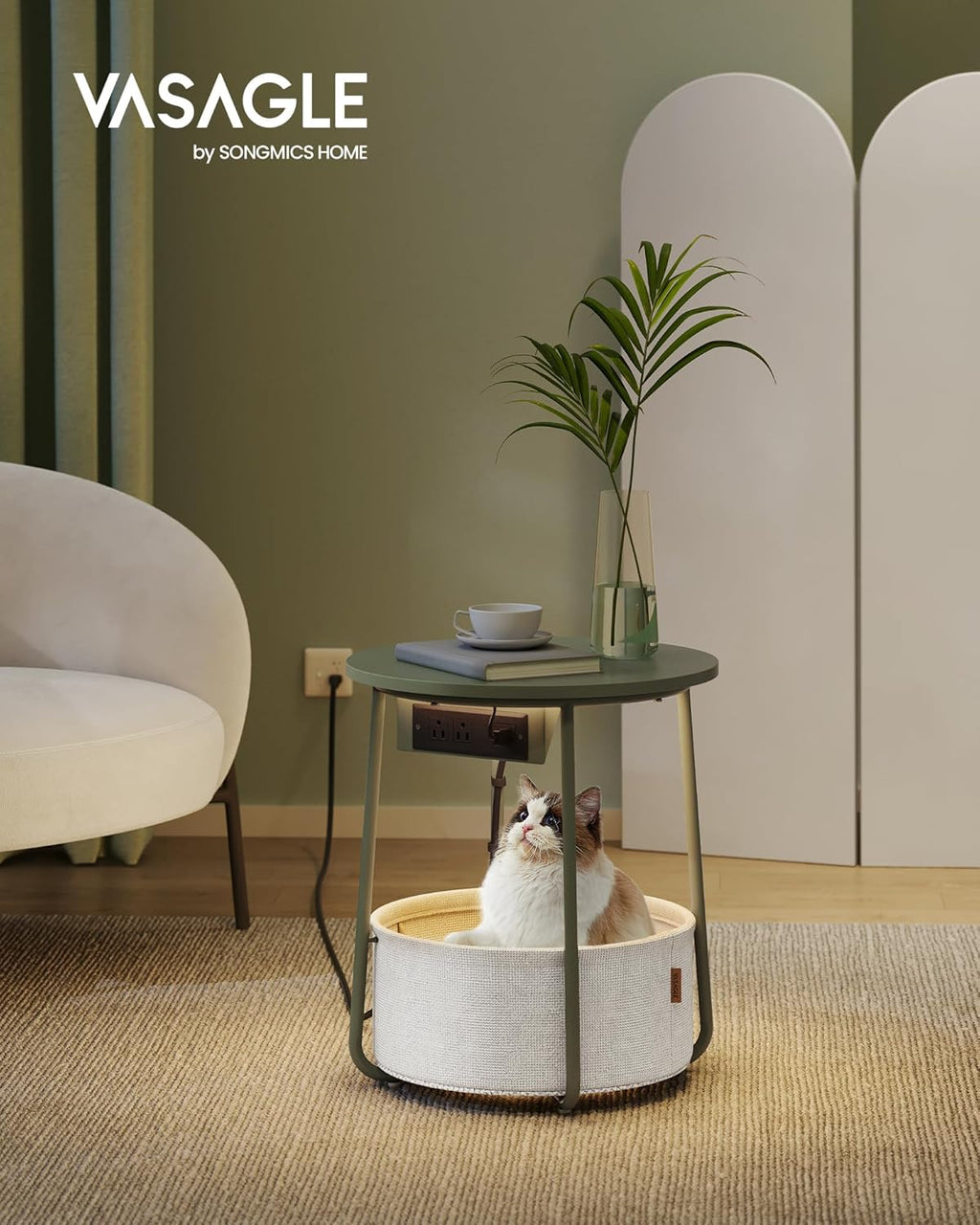 VASAGLE Side Table with Charging Station, Round End Table with Fabric Basket, LED Nightstand with Power Outlets, USB Ports, for Living Room, Bedroom, Modern, Forest Green and Cream White ULET227C01