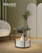 VASAGLE Side Table with Charging Station, Round End Table with Fabric Basket, LED Nightstand with Power Outlets, USB Ports, for Living Room, Bedroom, Modern, Forest Green and Cream White ULET227C01
