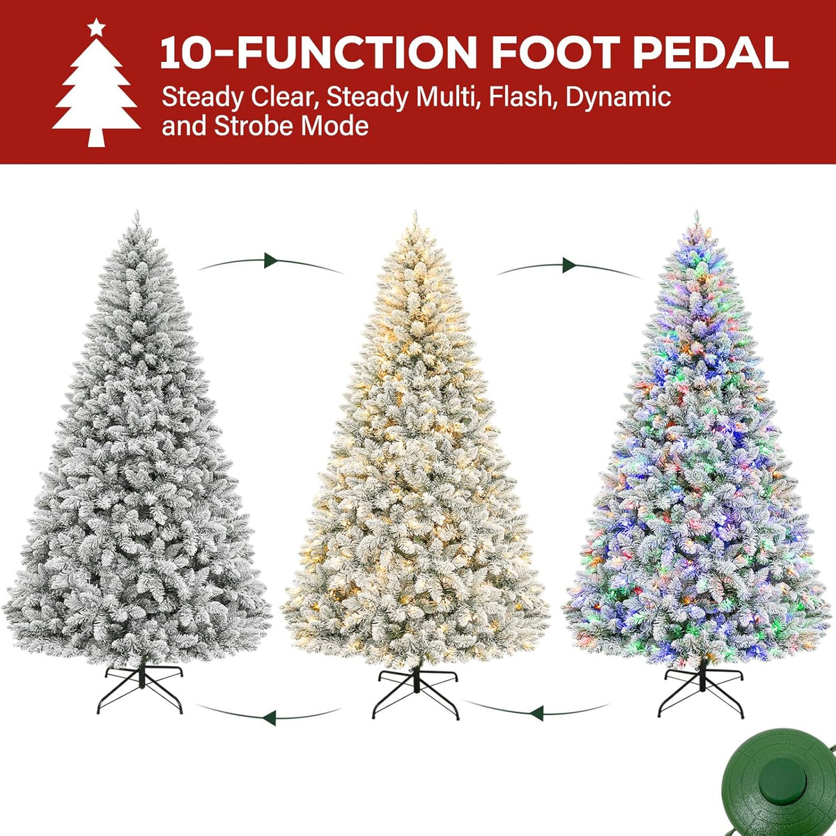 Hykolity 7.5 ft Prelit Snow Flocked Christmas Tree, Artificial Christmas Tree with 450 Color Changing LED Lights, 1446 Branch Tips, Metal Stand and Hinged Branches, 10 Colors