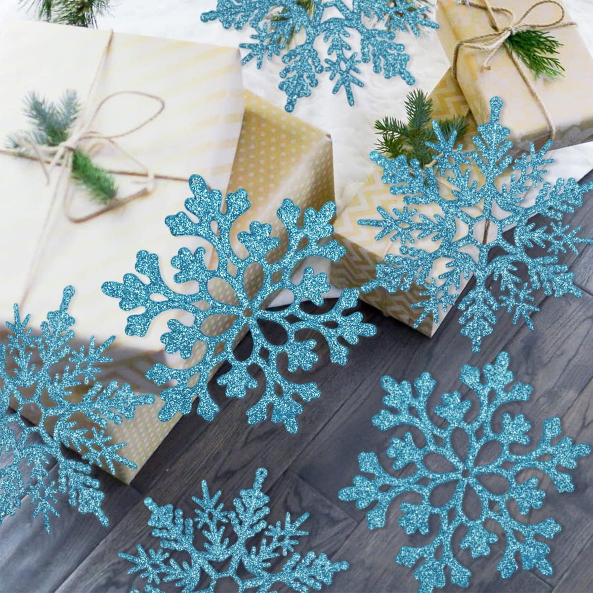 6pcs Large Snowflakes Ornaments Blue 12” Big Plastic Glitter Snowflake for Winter Indoor Outdoor Christmas Tree Window Room Decorations Giant Craft Snowflakes