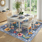 RELEANY Floral Washable Square 5ft Area Rug Blue/Grey | Flower Carpet Print - Image 2