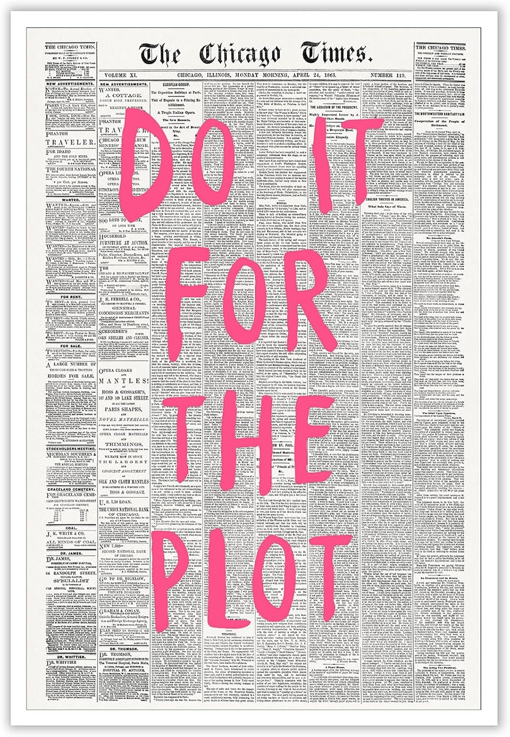 Liyark Retro Black And White Chicago Newspaper Poster Pink Trendy Preppy Apartment Art Motivational Affirmation Do It For The Plot Prints For Home Bedroom Living Room Wall Decor 16x24in Unframed