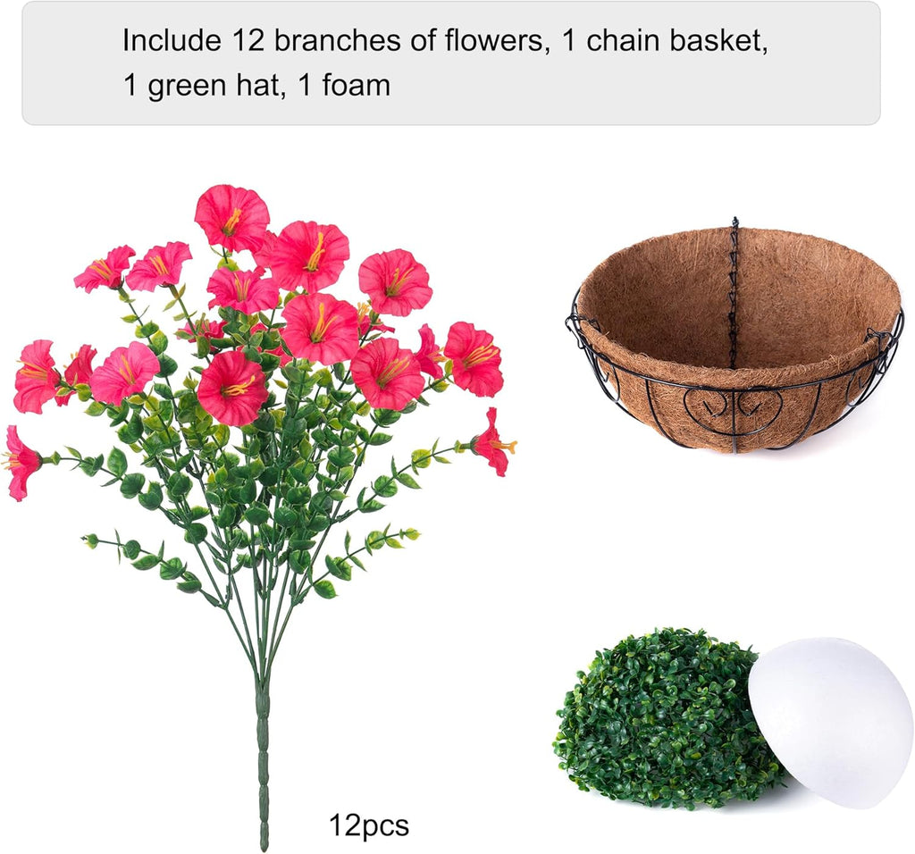 Artificial Faux Hanging Plants Flowers Basket for Outdoor Outside Spring Summer Decoration, Silk Morning Glory in Planter UV Resistant Look Real Fake Flower for Porch Patio Balcony Home Yard, Hot Pink