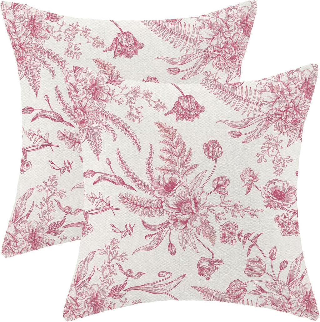 CXMEIFLY Hot Pink Spring Pillow Covers 18 x 18 Inch Set of 2 for Chinoiserie Flowers Decor Throw Pillows Floral Leaves Seasonal Plant Outdoor Decorative Cushion Cases for Couch Bed Decorations