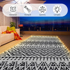 6x9ft Waterproof Outdoor Rug with LED Lights, Bohemia Reversible Plastic Straw Mat for Patio RV Camping Picnic Balcony Beach Deck Indoor Outdoor Carpet, Black&White