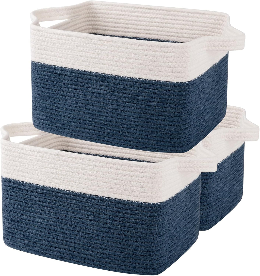 OIAHOMY Storage Baskets - Woven Cotton Rope Baskets for Shelves, Toy Towel Organizer Bins, Pack of 3, Blue & White