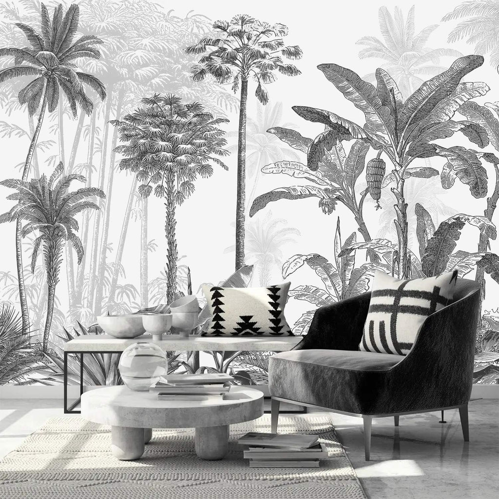 AFZEVEB-Black and White Jungle Wallpaper Hand-Painted Tree Wall murals for Bedroom 136"x96" (Not Peel and Stick)