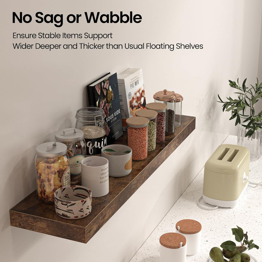 Floating Shelves for Wall, 36"W x 8"D x 1.5"H, Wooden Wall Mounted Display Shelves with Invisible Brackets for Living Room, Bedroom, Bathroom, Kitchen Decor and Storage, Set of 2, Rustic Brown