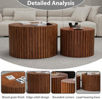 Round Nesting Coffee Table Set of 2 Handcraft Circle Fluted Nesting Coffee Tables Circular Side Table Drum Accent End Tables for Living Room Bedroom (Brown Small)
