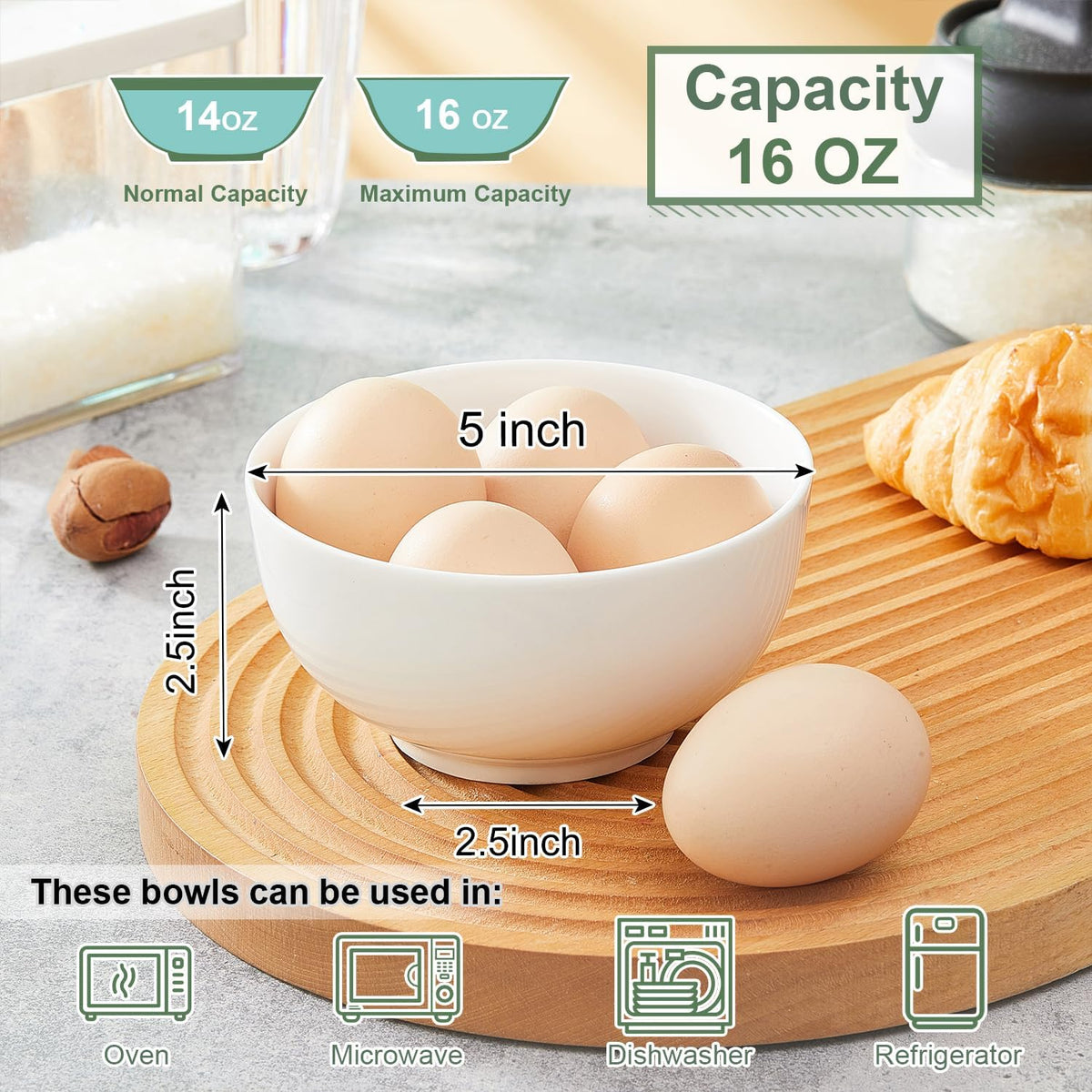 5 Inch Ceramic Cereal Bowls, 16 Ounces Small Bowls Set of 6,White Dipping Bowls for Kitchen,Dessert, Fruits, Snack,Microwave and Dishwasher Safe
