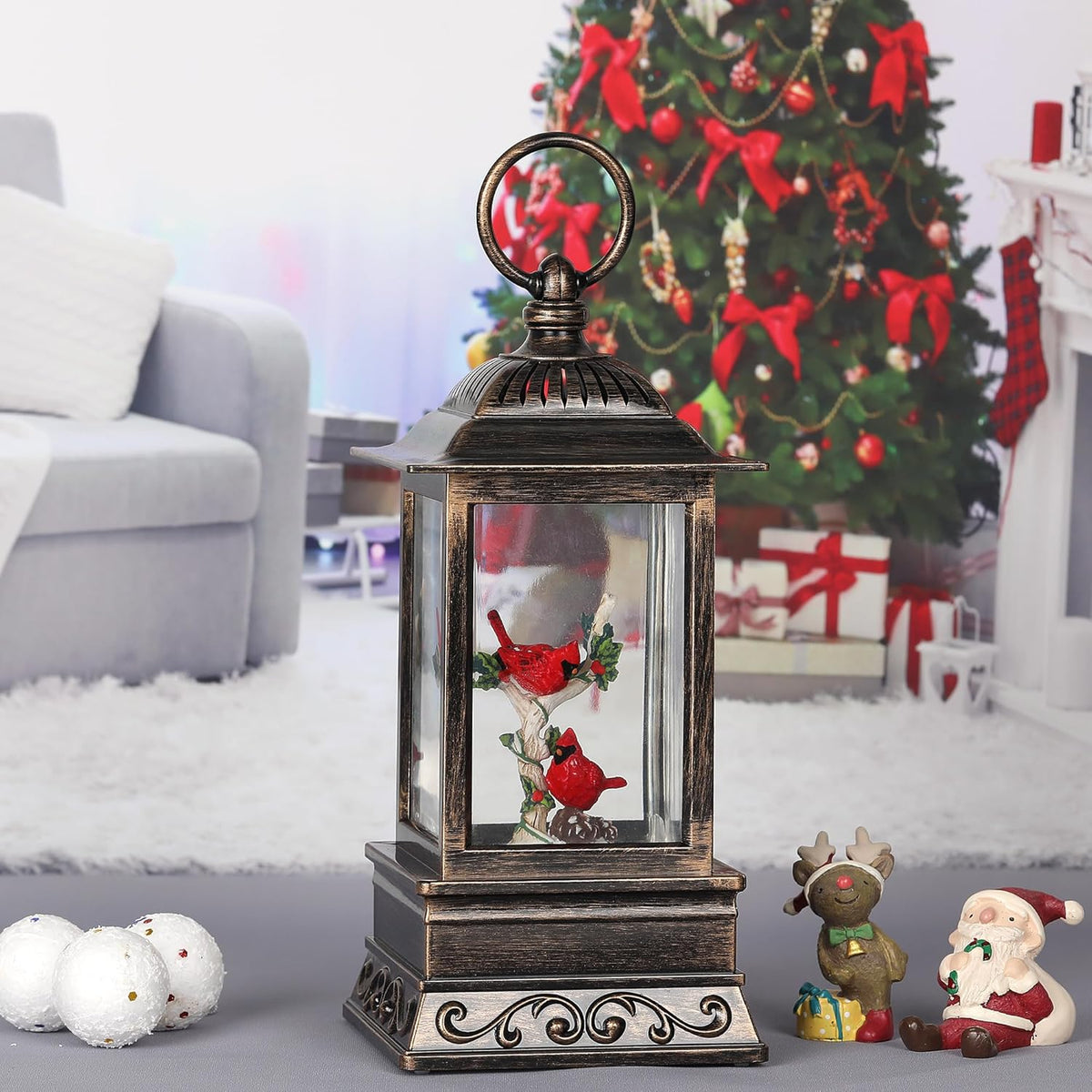 Christmas Snow Globe Cardinal Lantern, Glitter Lighted Christmas Decorations for Home with Music, Light Up Musical Snowglobe Cardinal Décor