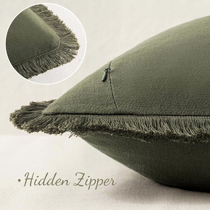 MIULEE Linen Fringe Decorative Euro Throw Pillow Covers Olive Green 26x26 | Set - Image 3