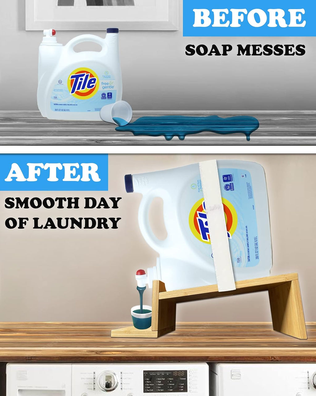TidyFriend Laundry Detergent Dispenser with Tray & Strap, Laundry Soap Dispenser with Non-Slip Rubber Feet for Washing Room Organization, Easy Pour (Wood)