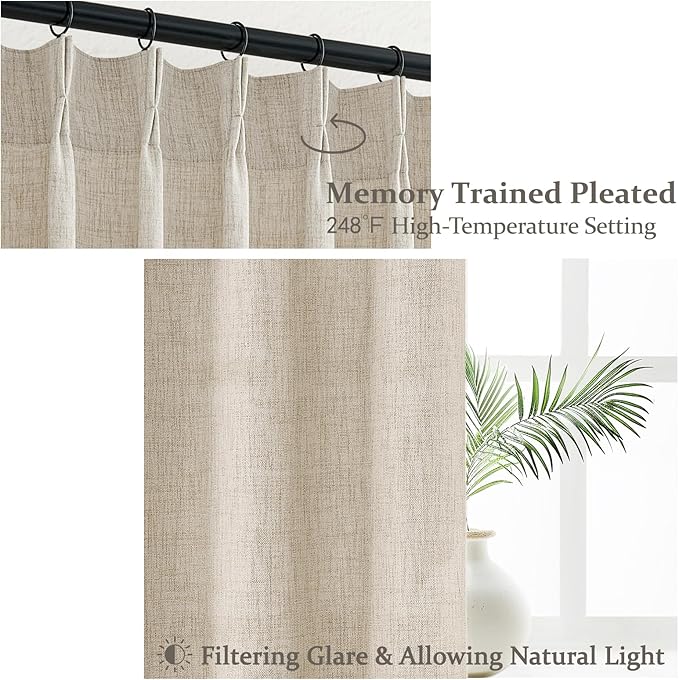 PleatedDrapes 70 Inch Extra Wide Natural Linen Light Filtering Curtains 92 - Image 3