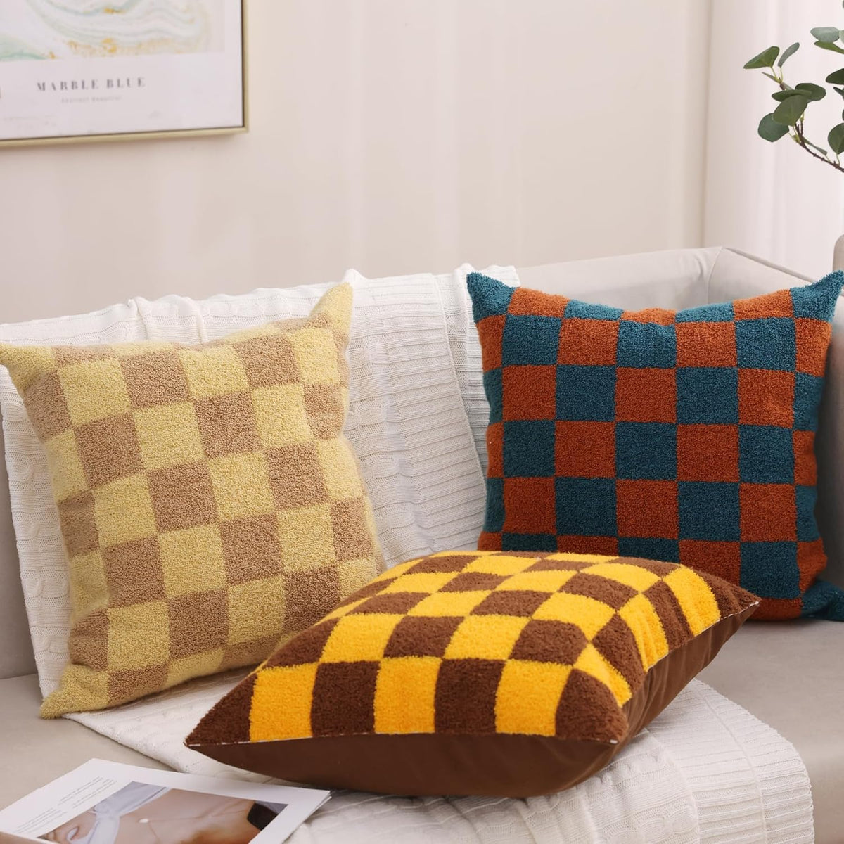 Alysheer Checkered Embroidered Decorative Throw Pillow Covers 18"x 18" Set of 2, Farmhouse Maillard Orange Brown Plaid Tufted Patterned Cotton Canvas Cushion Case for Sofa Couch Bed Living Room