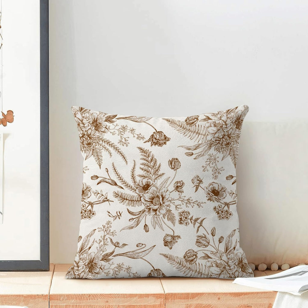 CXMEIFLY Spring Floral Leaves Pillow Covers 18 x 18 Inch Set of 2 for Chinoiserie Flowers Decor Throw Pillows Brown and White Seasonal Plant Outdoor Decorative Cushion Cases for Couch Bed Decorations